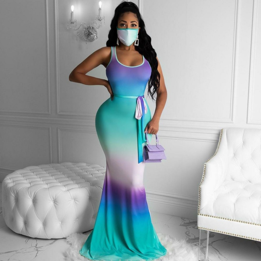 Dresses * | Gradient Sleeveless Sashes Maxi Dress Without Mask Mk-3015 Exquisite Gifts