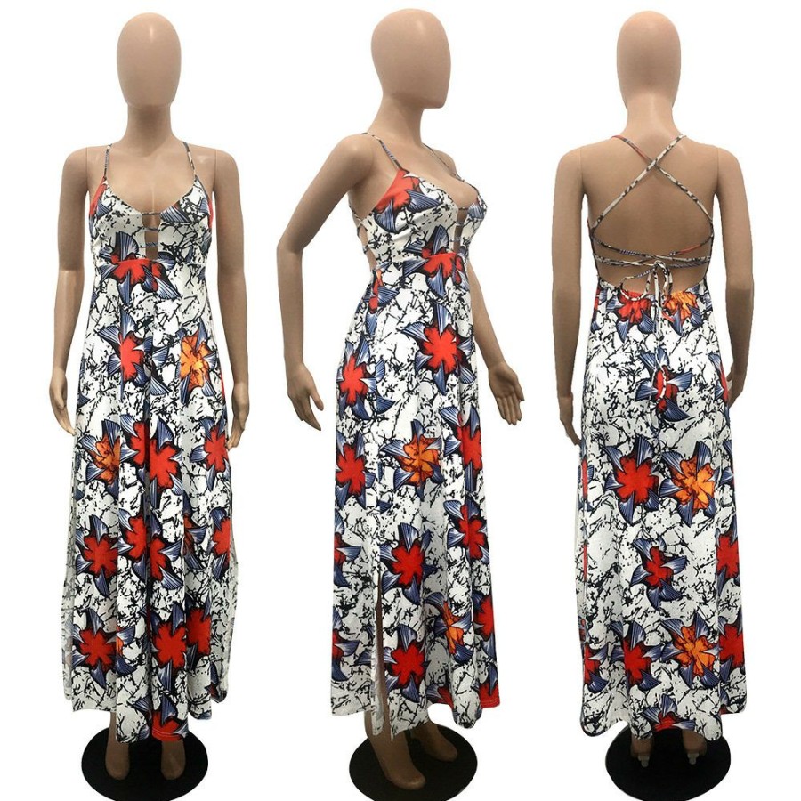 Dresses * | Printed Backless Fashion Slit Long Dress Gwpf-0014 Hot Sale Asshown