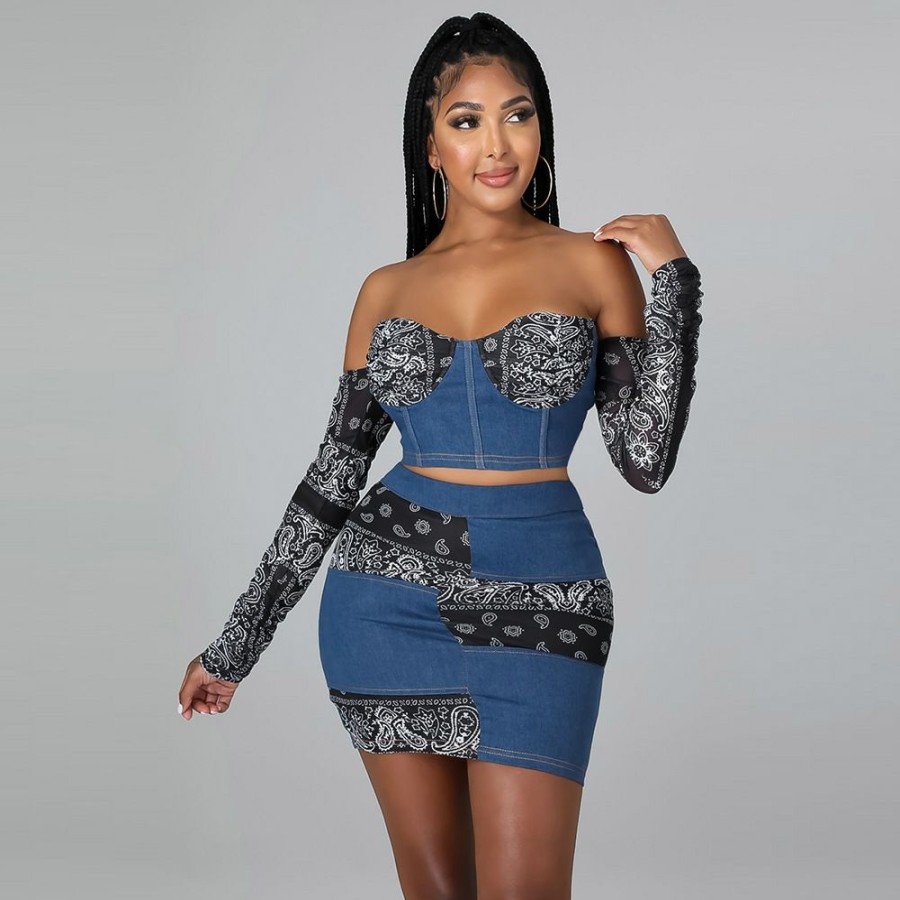 Clubwear * | Fashion Print Slim Denim Wrap Breast Top Package Hip Skirt Set Cya-9665 Lower Prices Blue