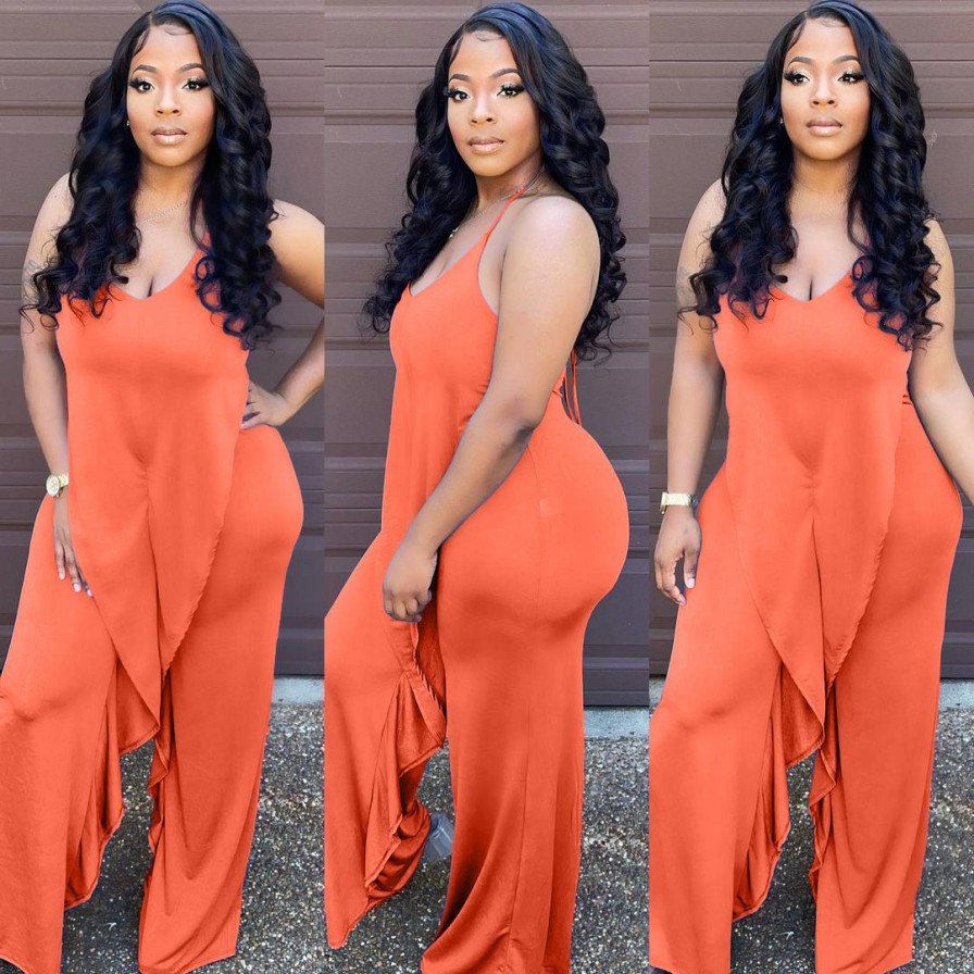 Clubwear * | Solid Halter Backless Ruffled Jumpsuit Olyf-6067-1 Hot Sell Orange