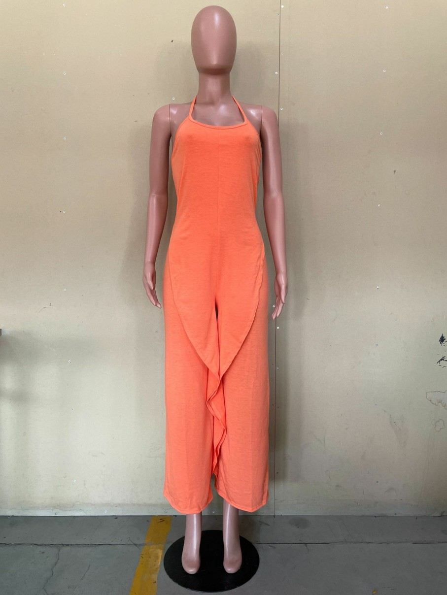 Clubwear * | Solid Halter Backless Ruffled Jumpsuit Olyf-6067-1 Hot Sell Orange