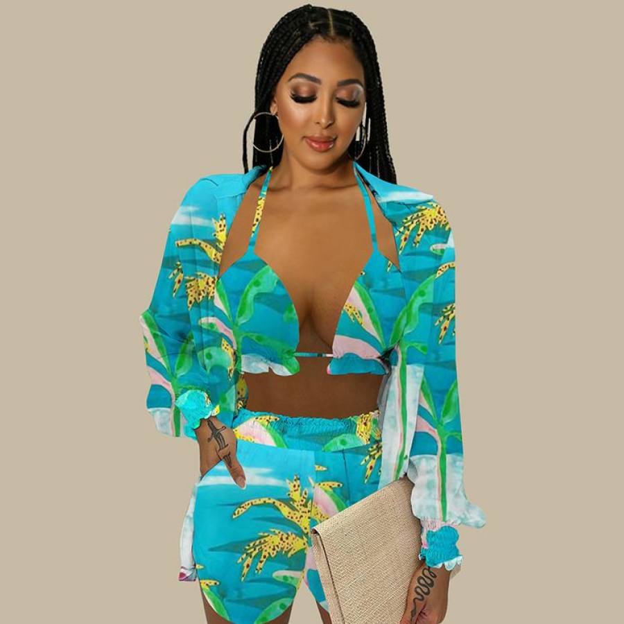 Clubwear * | Sexy Prined Bra+Shirt+Shorts 3 Piece Sets Wsyf-5939 Top Selling