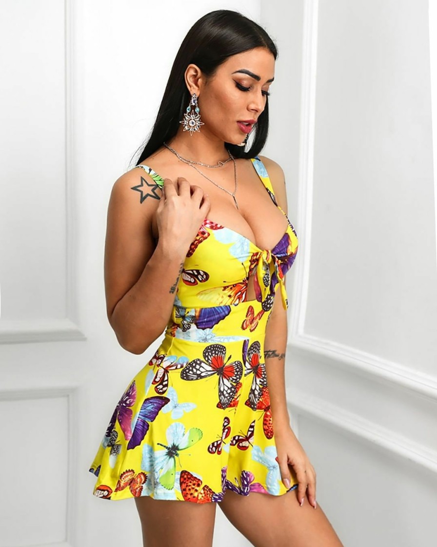 Dresses * | Butterfly Print Tie Up Straps Big Swing Mini Dresses Hm-6115 Excellent As Shown