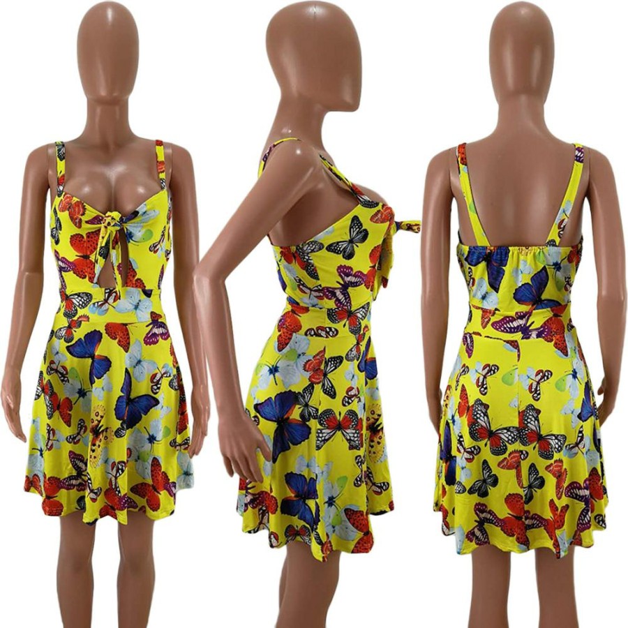 Dresses * | Butterfly Print Tie Up Straps Big Swing Mini Dresses Hm-6115 Excellent As Shown