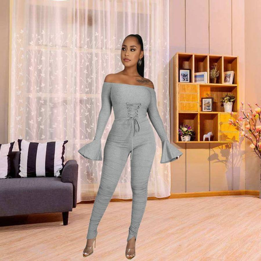 Clubwear * | Sexy Off Shoulder Lace-Up Long Sleeve Jumpsuit Linw-9093 Top Selling