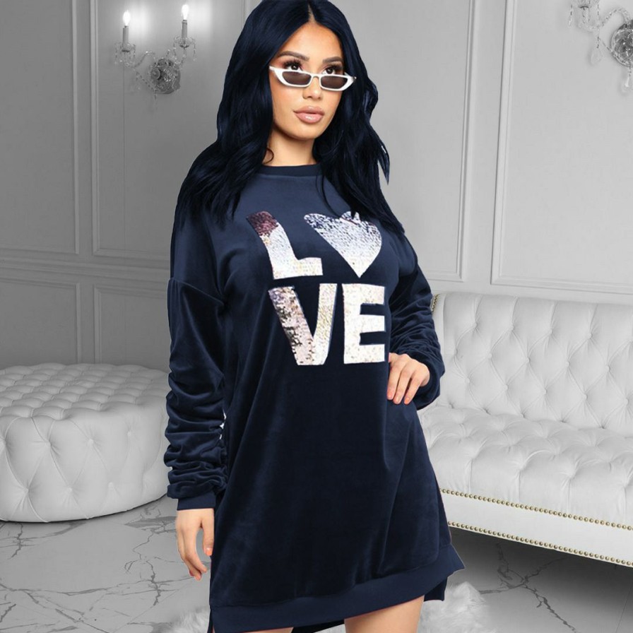 Dresses * | Casual Loose Velvet Sequined Sweatshirt Dress Hms-5177 Quality Guarantee Dark Blue