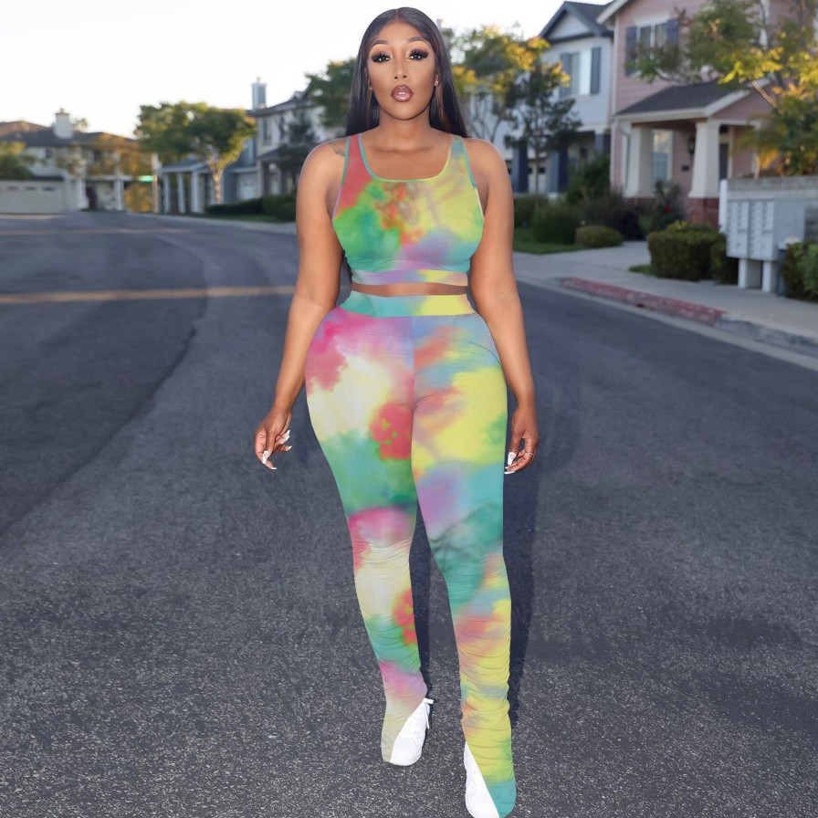 Clubwear * | Tie Dye Print Tank Top Stacked Pants Two Piece Sets Te-4418 Typical Style