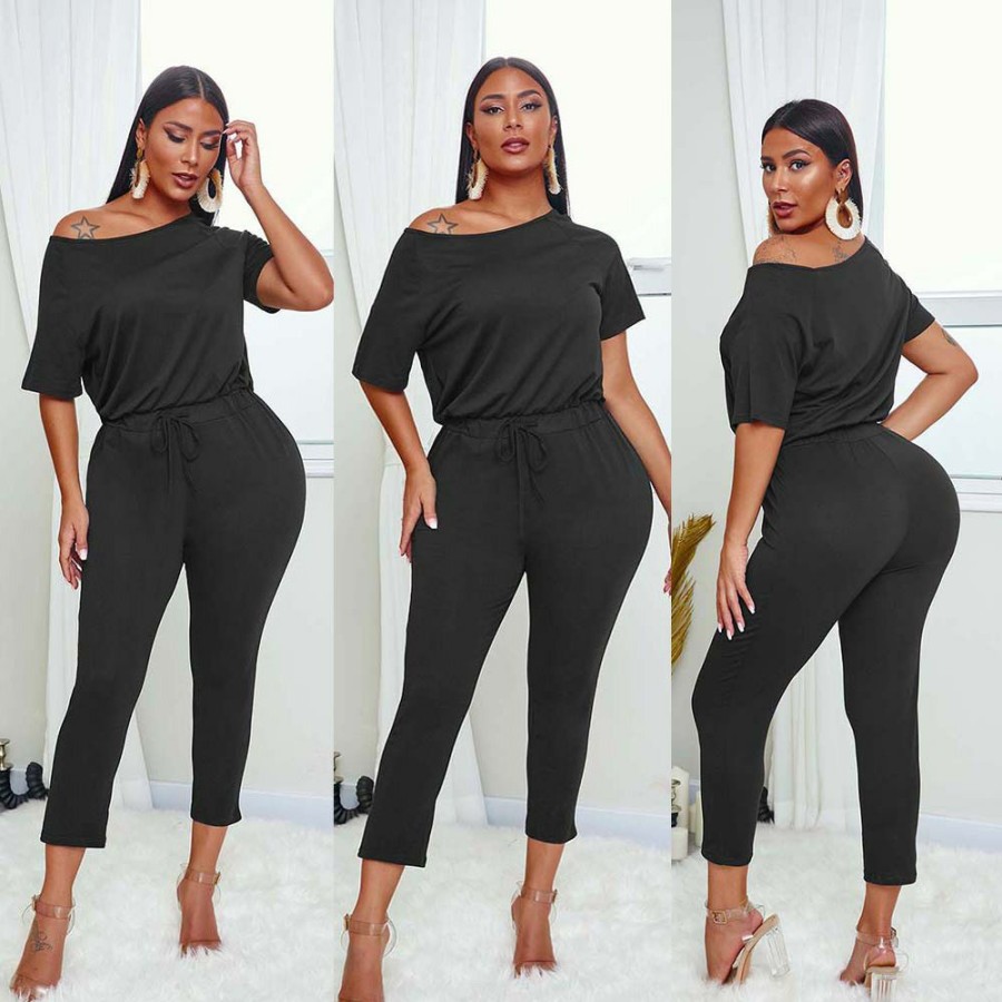 Clubwear * | Solid Short Sleeve Casual One Piece Jumpsuits Ruf-8123 Promotion Black