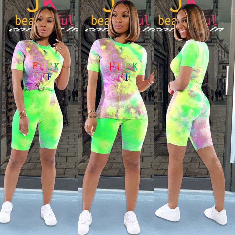 Clubwear * | Tie Dye Letter Print T-Shirt Shorts Two Piece Set Sxf-0524 Clearance