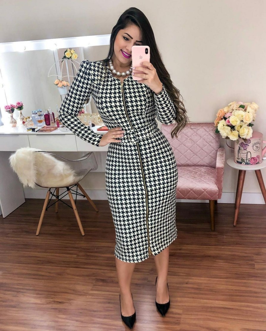 Dresses * | Plaid 3/4 Sleeve High Waist Belted Midi Dress Ls-1117 Reliable Quality