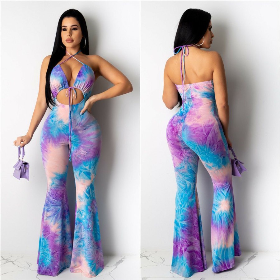 Clubwear * | Sexy Tie Dye Halter Backless Strappy Flared Jumpsuit Lsl-6346 Fashionable