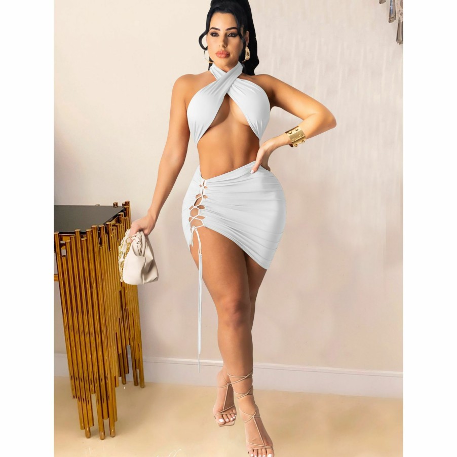 Clubwear * | Sexy Halter Crop Top Lace Up Mini Skirt 2 Piece Sets Fosf-8063 Exclusive