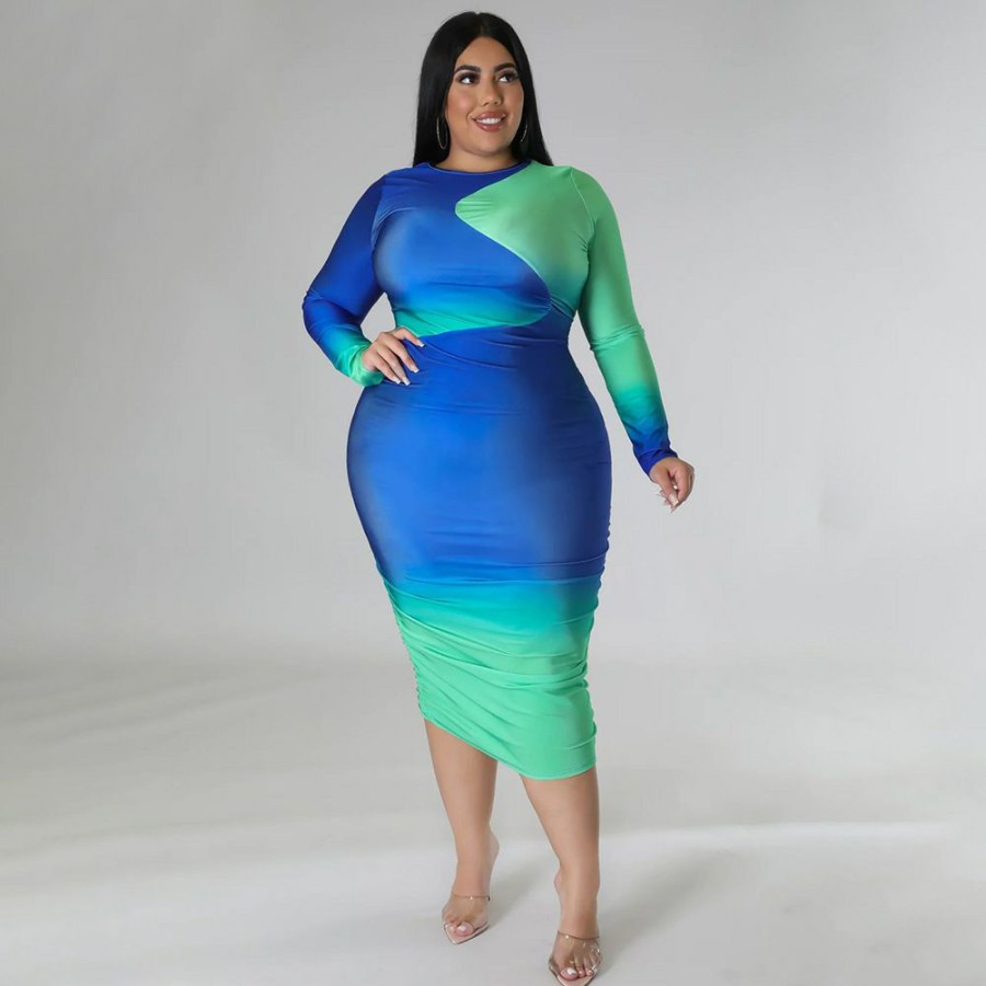 Dresses * | Plus Size Printed Patchwork Gradient Midi Dress Nnwf-7707 Bestsellers