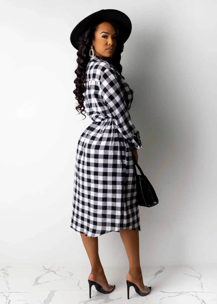 Dresses * | Casual Plaid Long Sleeve Midi Shirt Dress Ml-7272 Cheaper Black