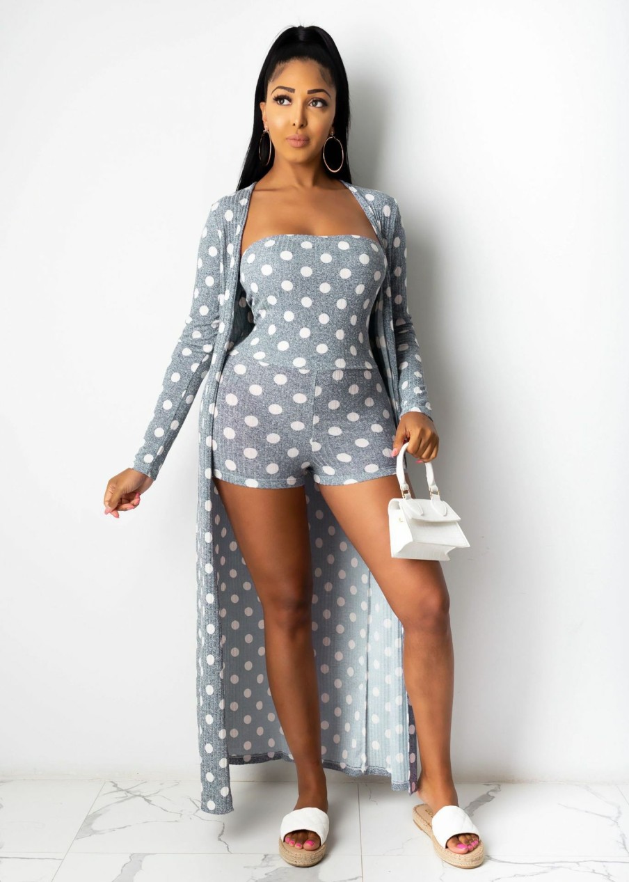 Clubwear * | Polka Dot Strapless Rompers+Long Cloak 2 Piece Sets Ml-7352 Typical Style Gray