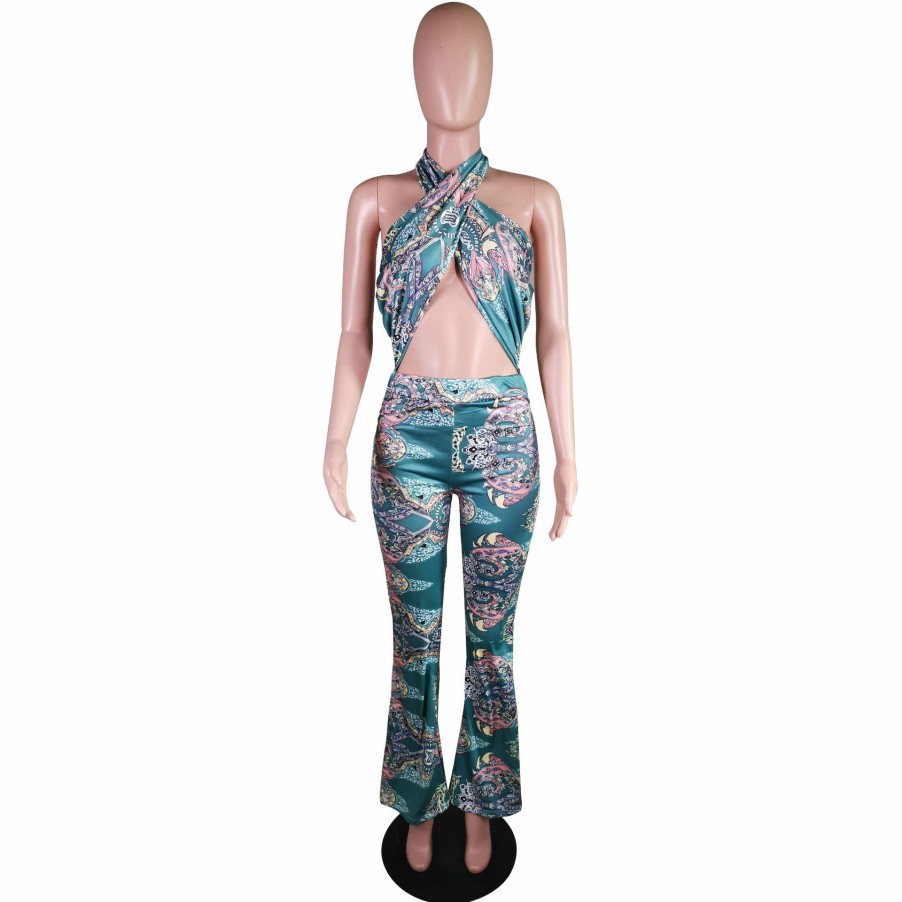 Clubwear * | Paisely Print Halter Backless Flare Jumpsuit Mk-3052 Wholesale Colorful