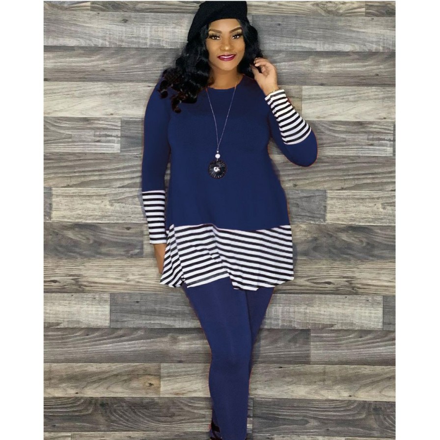 Clubwear * | Plus Size Casual Stripe Splice Top And Leggings Pants Two Piece Set Awf-5825 Top Sell