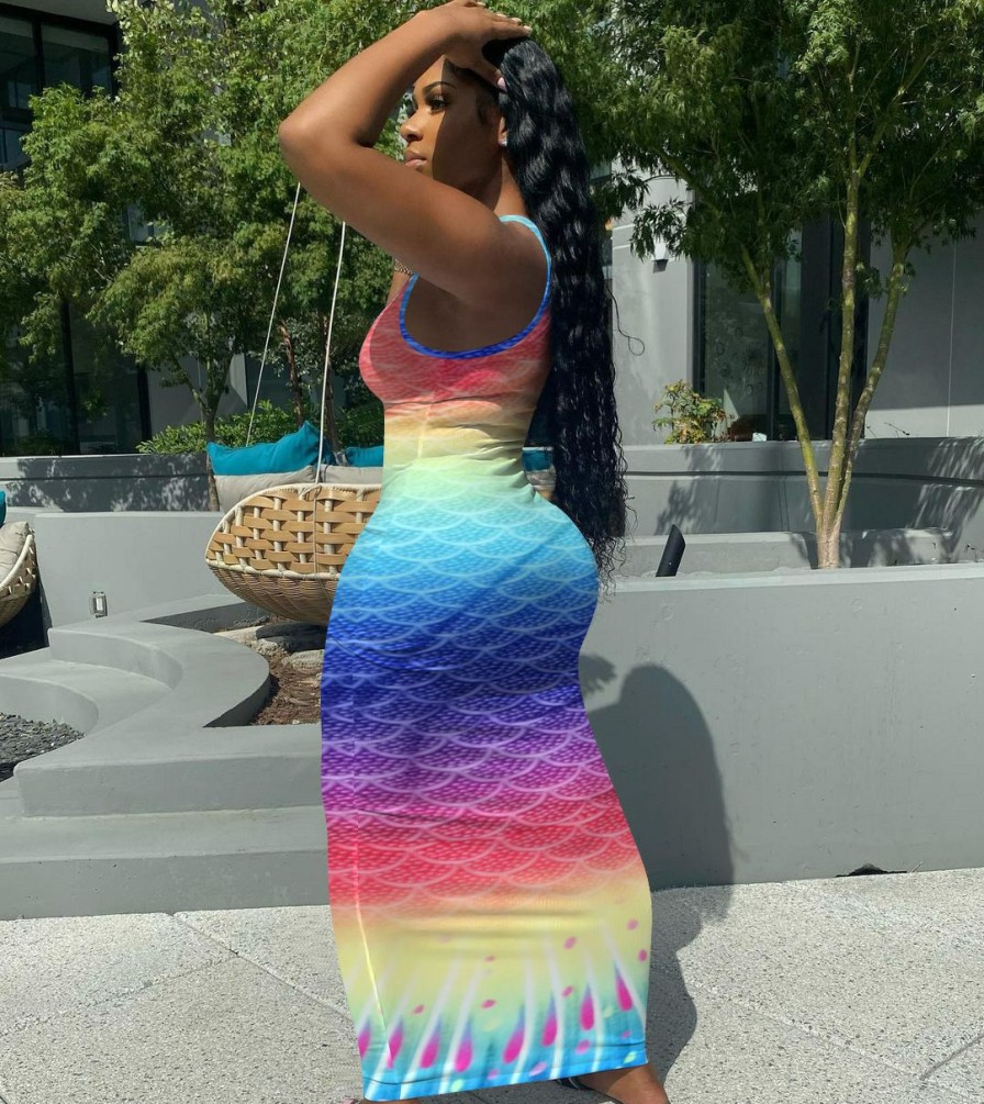 Dresses * | Fish Scales Print Gradient Sleeveless Maxi Dress Nik-229 Exquisite Gifts