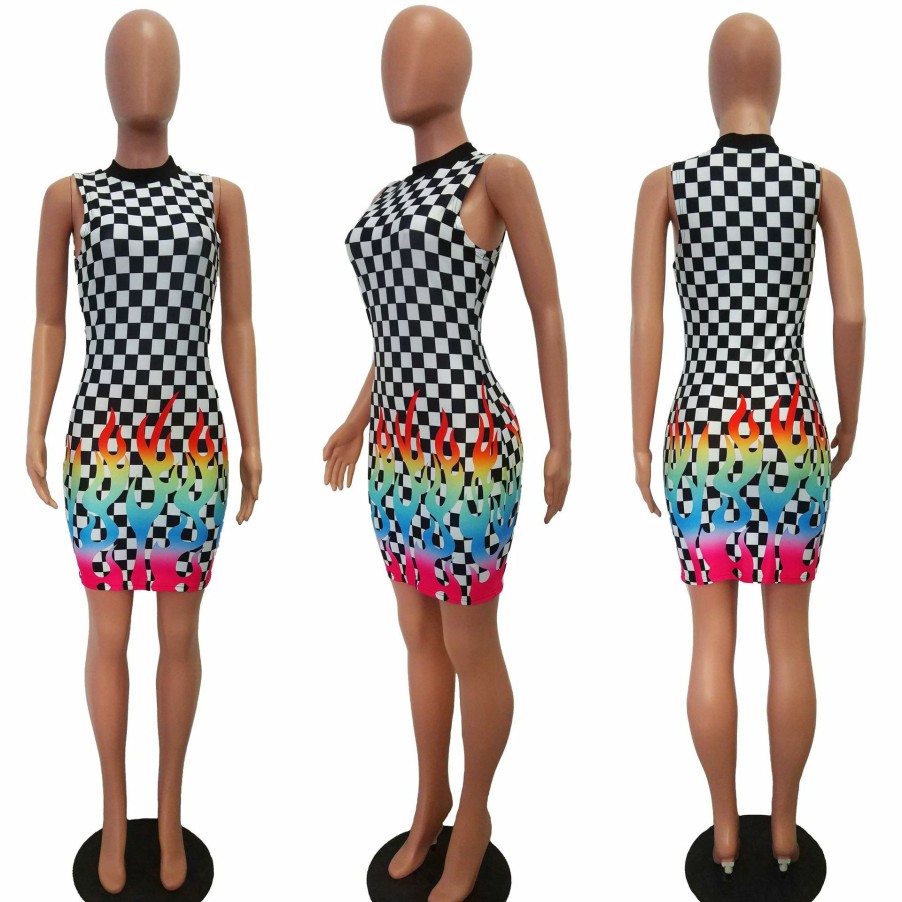 Dresses * | Sexy Plaid Print Sleeveless Slim Mini Dress Jh-003 Best Price Colorful