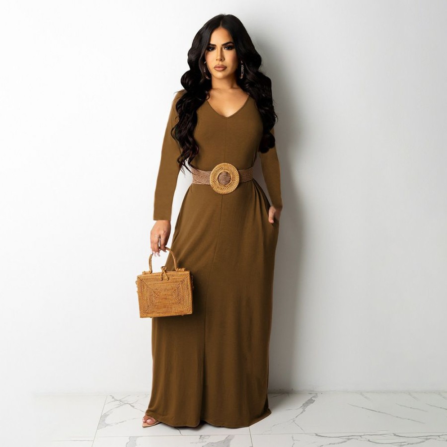 Dresses * | Plus Size Solid V Neck Long Sleeve Maxi Dress (Without Belt) Hnif-054 Top Sell