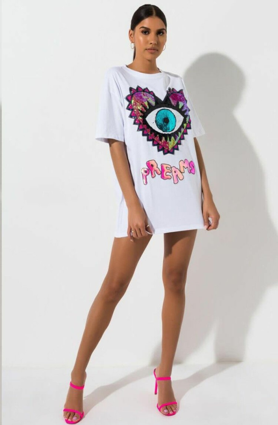 Dresses * | Casual Sequin Eye Print Short Sleeve Mini T Shirt Dress Mof-5092 Exclusive White