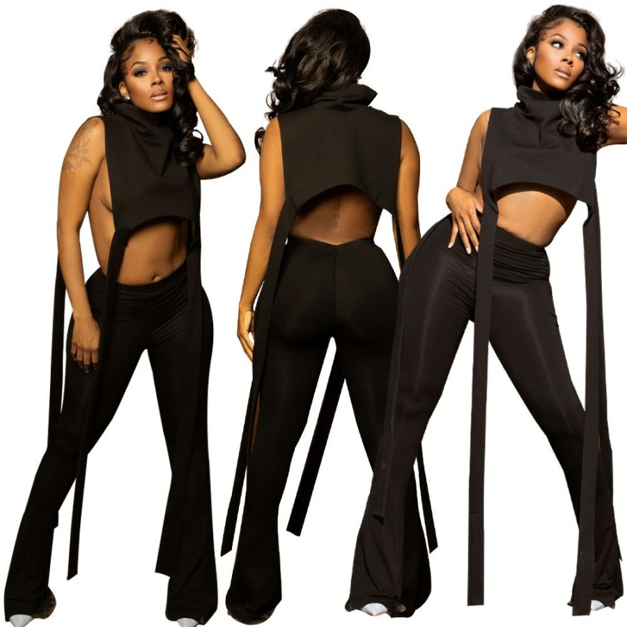 Clubwear * | Solid High Collar Sleeveless Two Piece Pants Sets Cq-179 Bestsellers