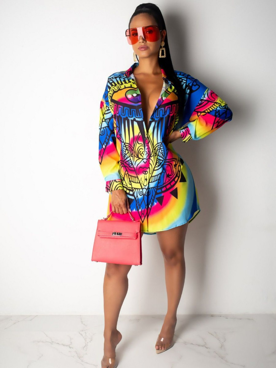 Dresses * | Plus Size Casual Printed Long Sleeve Shirt Dress Smr-9785 Top Selling Multicolor