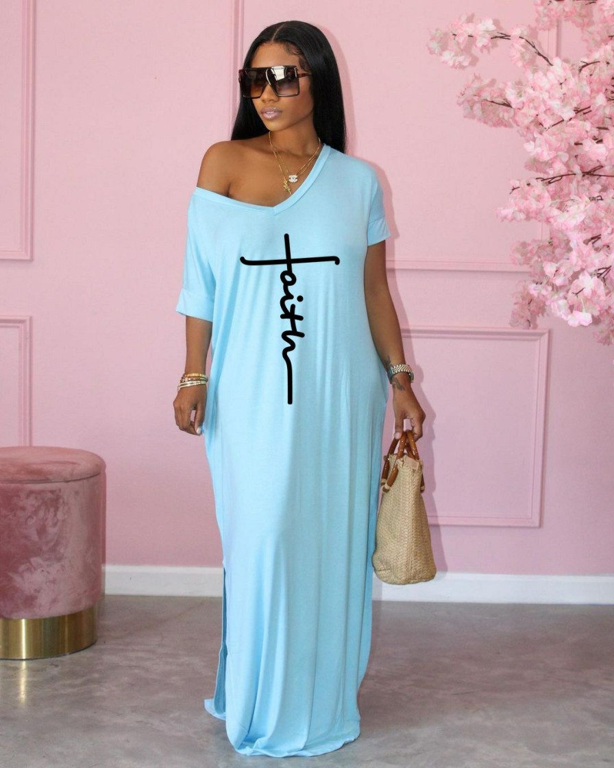 Dresses * | Letter Print V Neck Short Sleeve Loose Maxi Dress Jrf-3692 Store