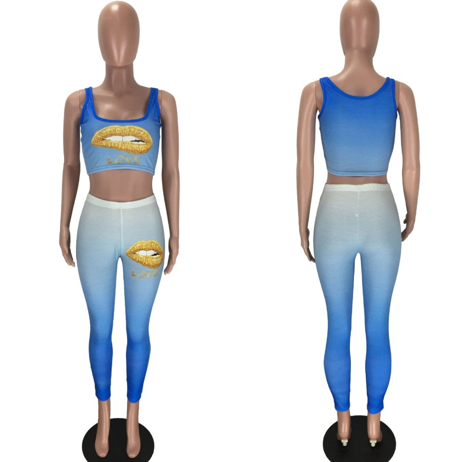 Clubwear * | Lip Print Gradient Tank Top And Pants 2 Piece Suits Lm-8282 Exclusive Blue