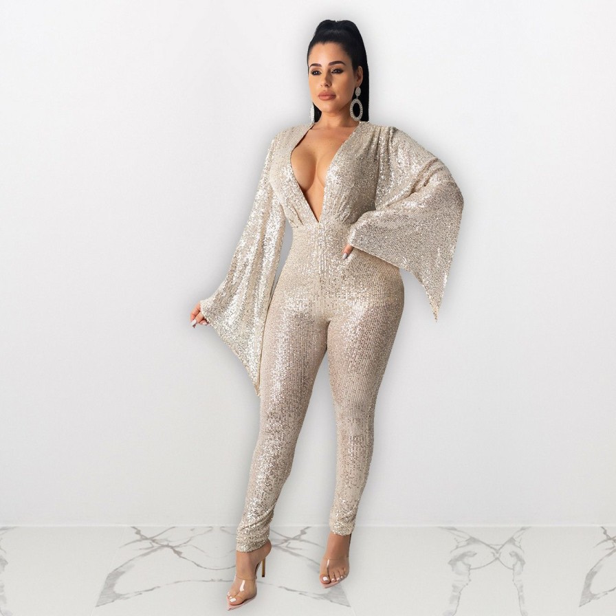 Clubwear * | Sexy Sequin Deep V Neck Flare Sleeve Jumpsuits Nik-079 Excellent Quality