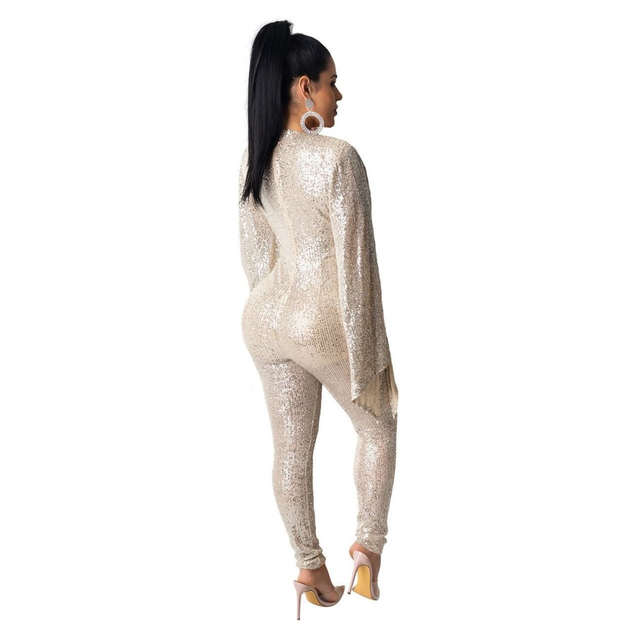 Clubwear * | Sexy Sequin Deep V Neck Flare Sleeve Jumpsuits Nik-079 Excellent Quality