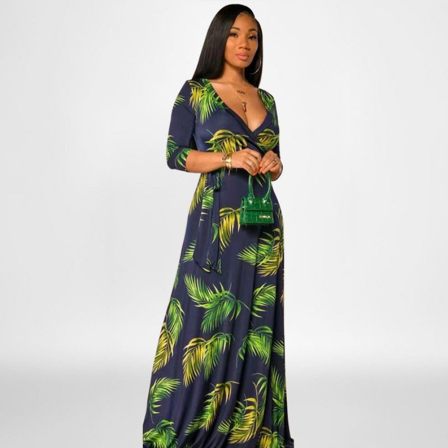 Dresses * | Plus Size Floral Print 3/4 Sleeve V Neck Sashes Maxi Dress Osif-22422 Online Store