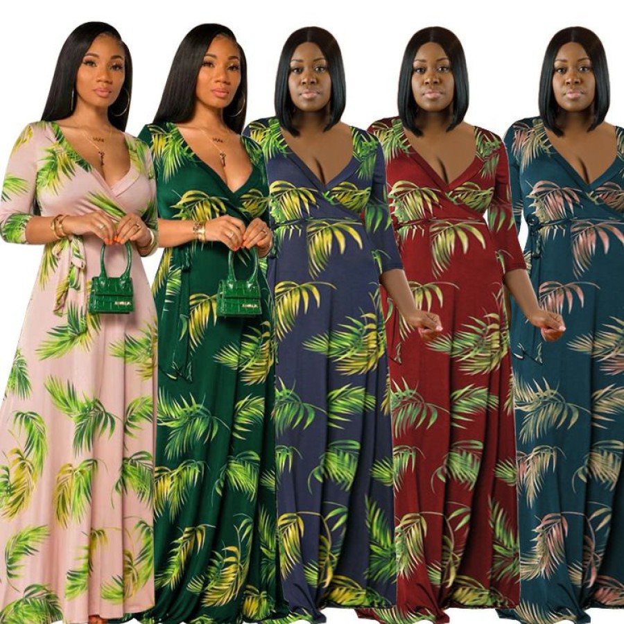 Dresses * | Plus Size Floral Print 3/4 Sleeve V Neck Sashes Maxi Dress Osif-22422 Online Store