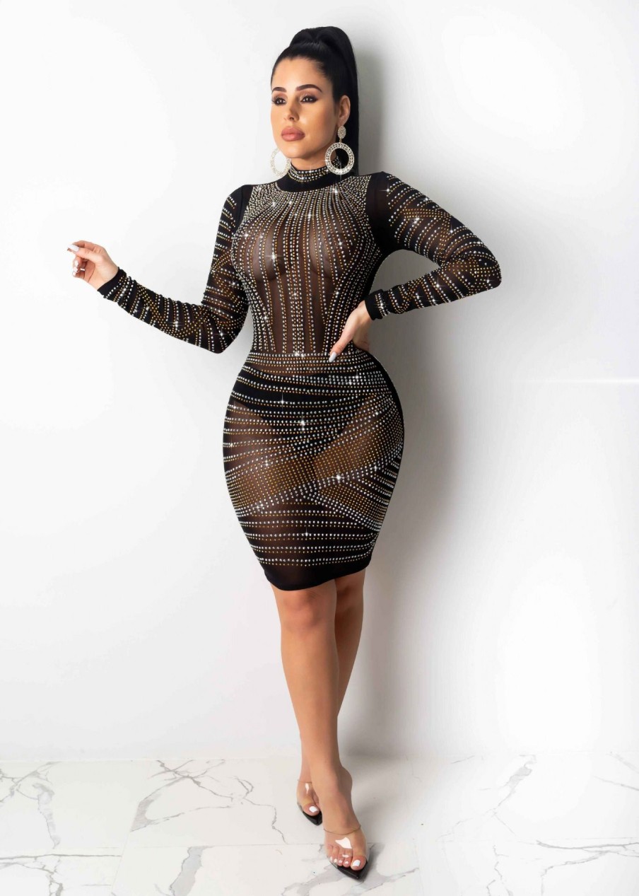 Clubwear * | Sexy Hot Rhinestone See-Through Long Sleeve Club Dress Ny-8865 Quality Guarantee Black