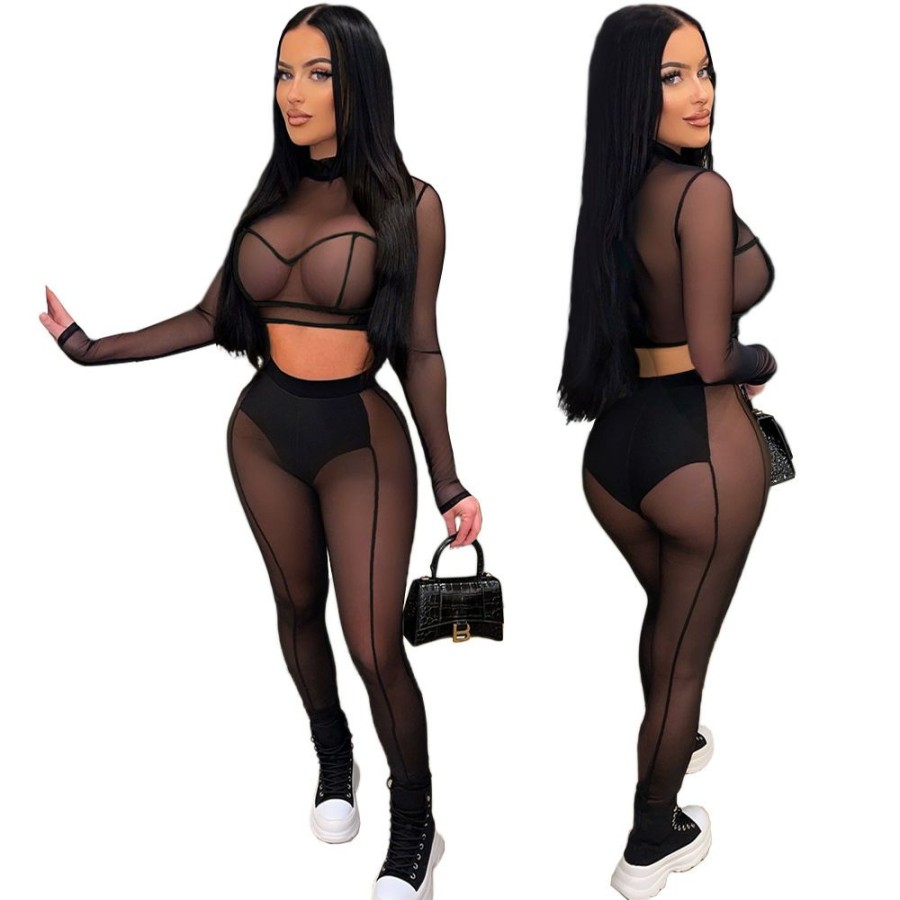 Clubwear * | Sexy Fashion Mesh See-Through Splice Nightclub Two Piece Set Yiy-7296 Excellent Quality Black