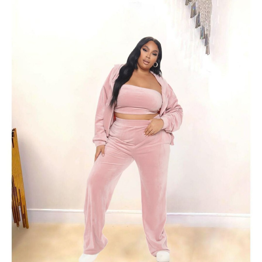 Clubwear * | Plus Size Solid Velvet Hooded Zipper Coat +Tube Top+Pants 3 Piece Sets Znf-9111 Opening Sales